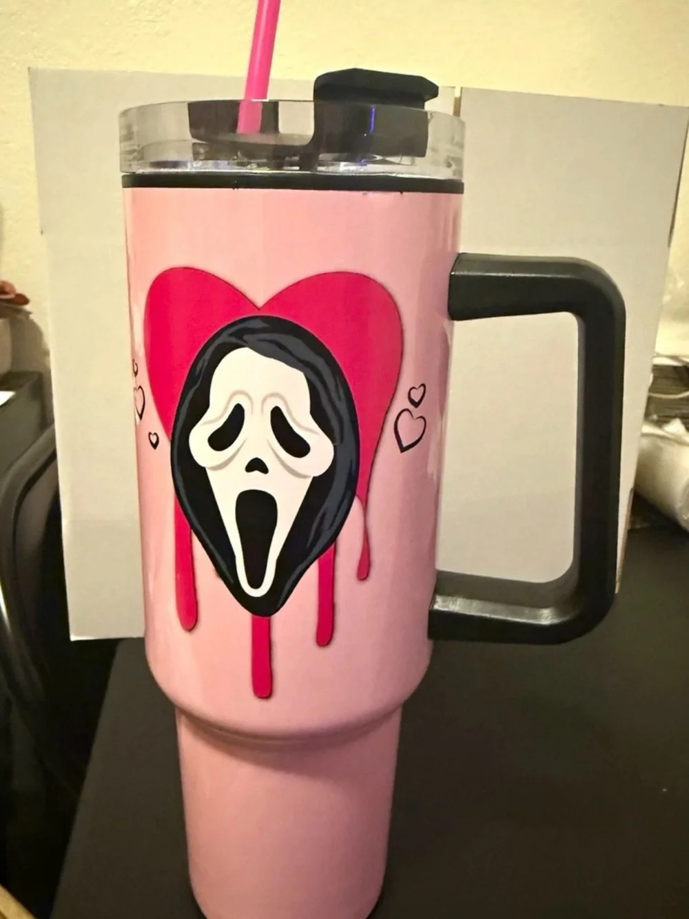 Pink Dripping Heart Travel Tumbler with Scream Mask Graphic - 40oz